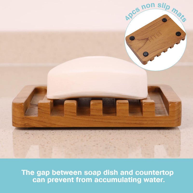 HTB 2PCS Self Draining Soap Dishes by HTB, Teak Wood Soap Holder, Soap Saver for Shower, Bathroom, Bath Tub, Kitchen Sponges, Easy Dry Extend Soap Life - Image 2